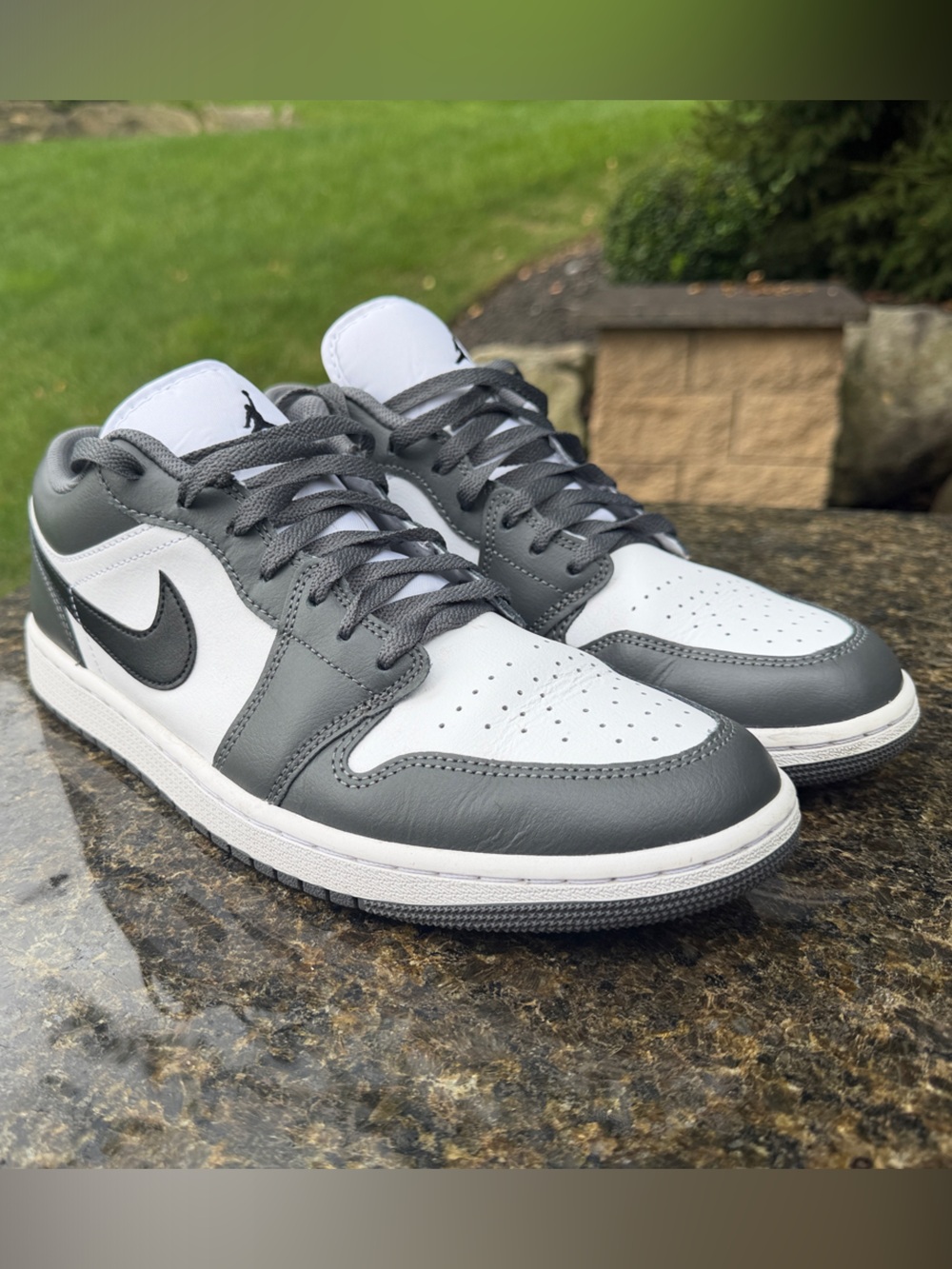 Jordan Dunks, Lows, Low Top Sneakers in Gray and White, Black Swoosh